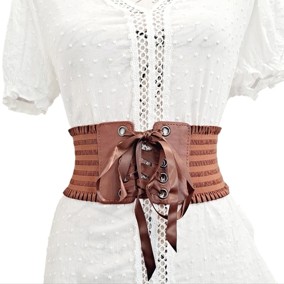Corset Boho Wide Brown Belt lace up elastic stretch waist ruffle Statement S/M - Picture 1 of 11